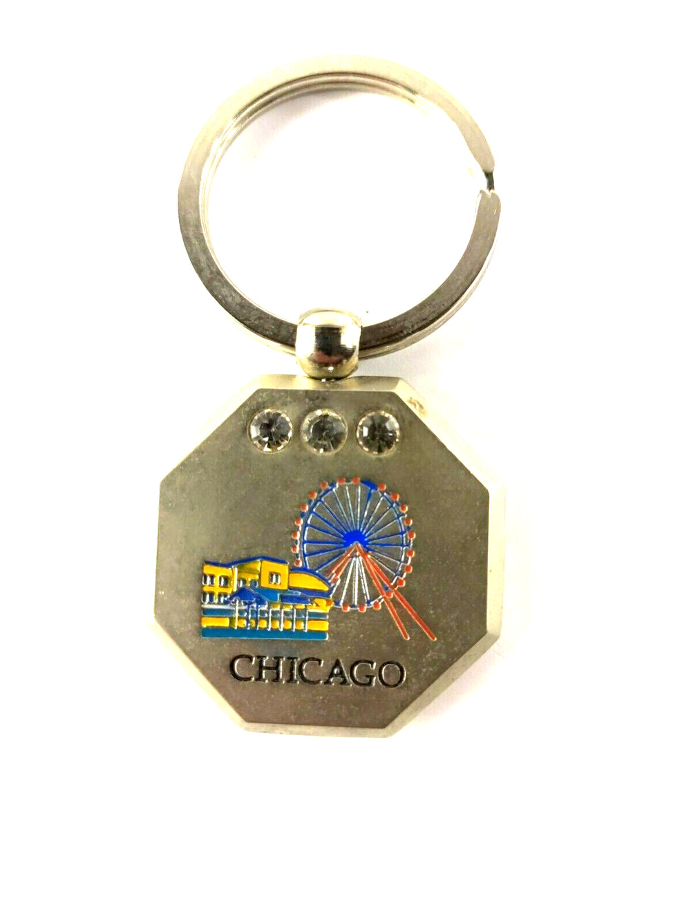 Chicago Rhinestone Silver Tone Metal Keychain Faris Wheel
